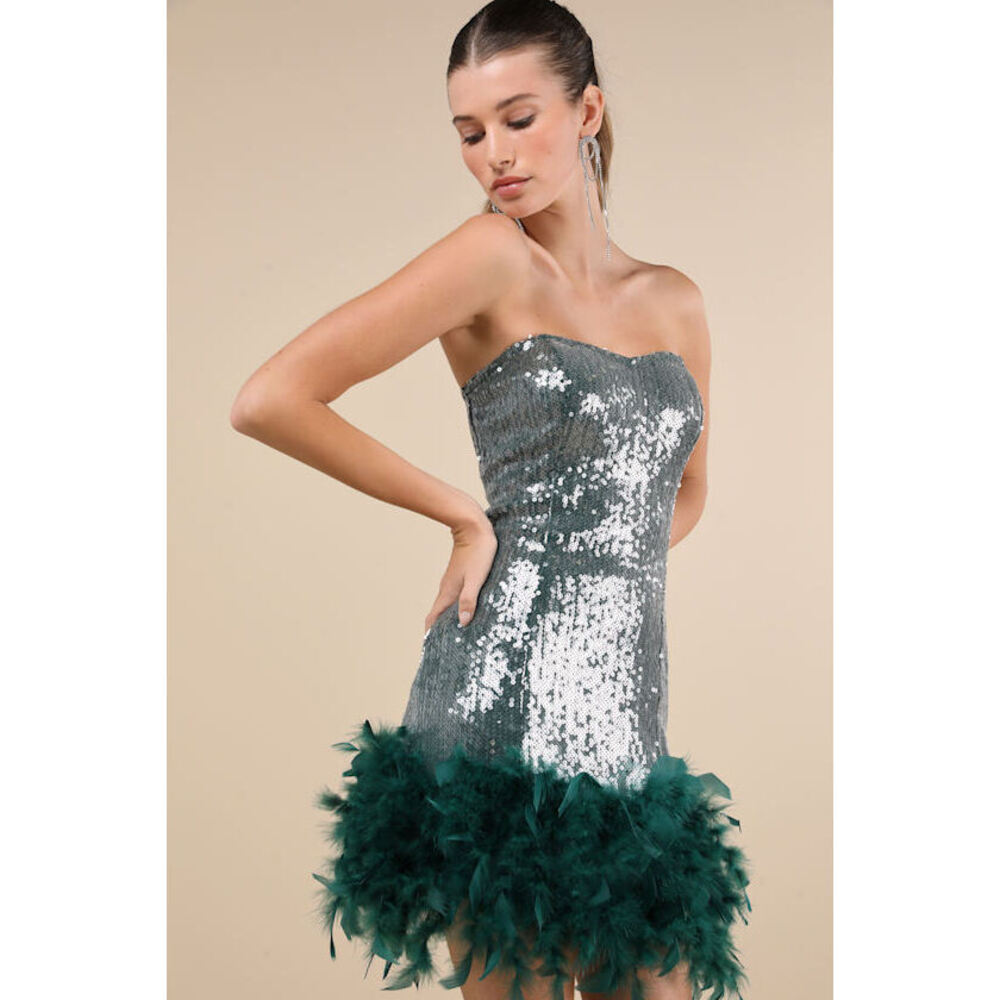 Lulus Especially Fabulous Emerald Sequin Feather Strapless Mini Dress Green